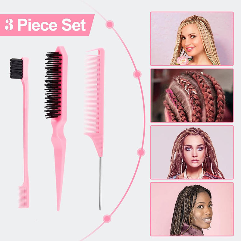 Beakey Edge Brush + Bristle Brush + Rat Tail Comb for Smoothing Hair-Pink