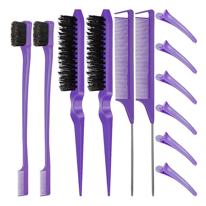 Beakey 12 Pieces Hair Brush Set Nylon Teasing Hair Brushes Rat Tail Combs with Duckbill Clips for Women-Purple