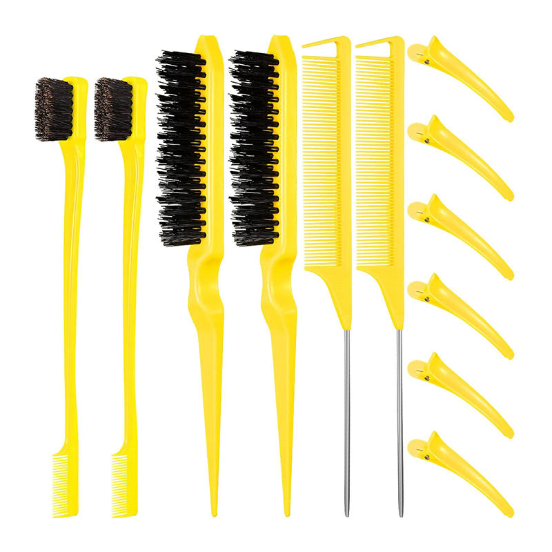 Beakey 12 Pieces Hair Brush Set Nylon Teasing Hair Brushes Rat Tail Combs with Duckbill Clips for Women-Yellow