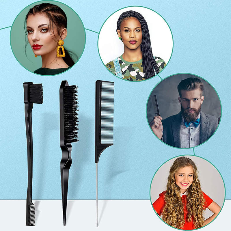 Beakey 3 Pcs Slick Back Hair Brush Set Bristle Hair Brush Edge Control Brush for Women Kids-Black