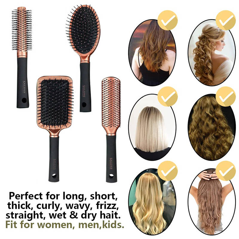 Beakey 4 Pcs Hair Brush Gifts Set for Women Detangling Hairbrush Flexible Soft Pin Bristles for Long Thick Curly Hair-GoldBlack