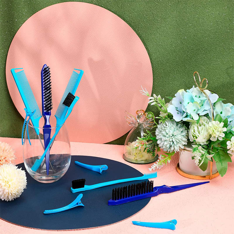 Beakey 12 Pieces Hair Brush Set Nylon Teasing Hair Brushes Rat Tail Combs with Duckbill Clips for Women-Blue