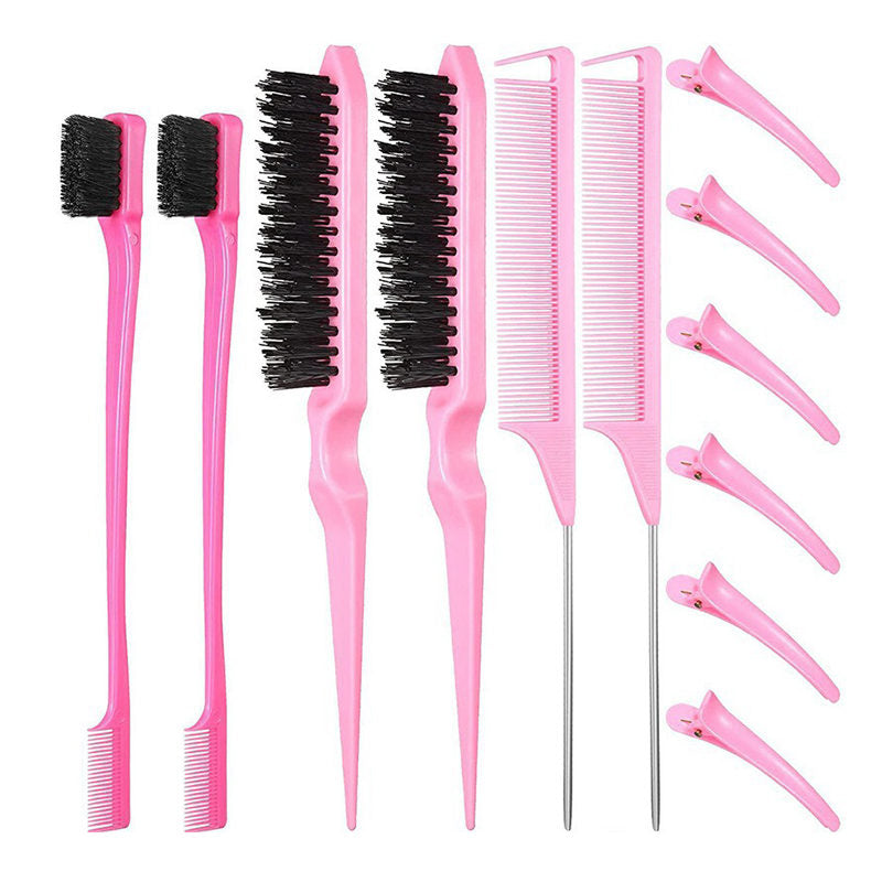 Beakey 12 Pieces Hair Brush Set Nylon Teasing Hair Brushes Rat Tail Combs with Duckbill Clips for Women-Pink