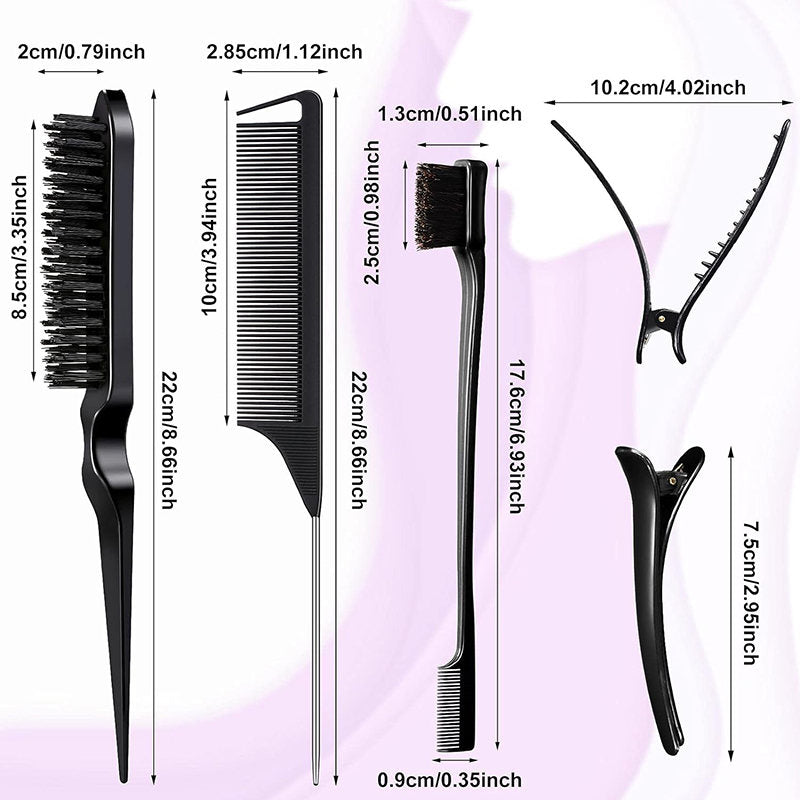 Beakey 12 Pieces Hair Brush Set Nylon Teasing Hair Brushes Rat Tail Combs with Duckbill Clips for Women-Black
