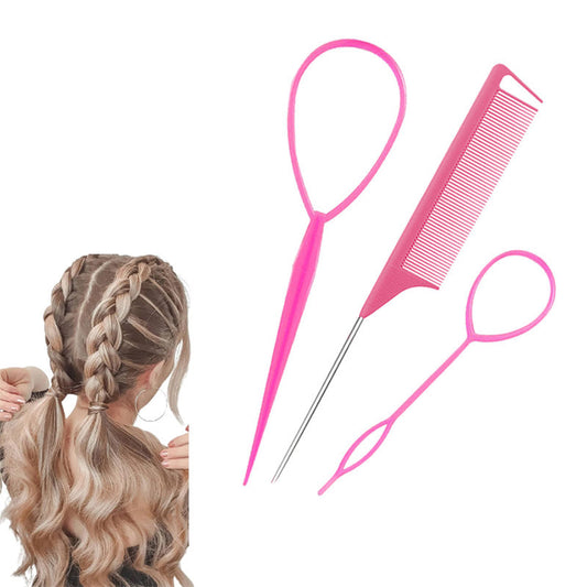Beakey 2 Pcs French Braid Loop + 1 Pcs Rat Tail Comb for Hair Styling-Pink