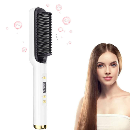 Beakey Hair Straightener Brush with LED Display Anti-Scald PTC Heating-White