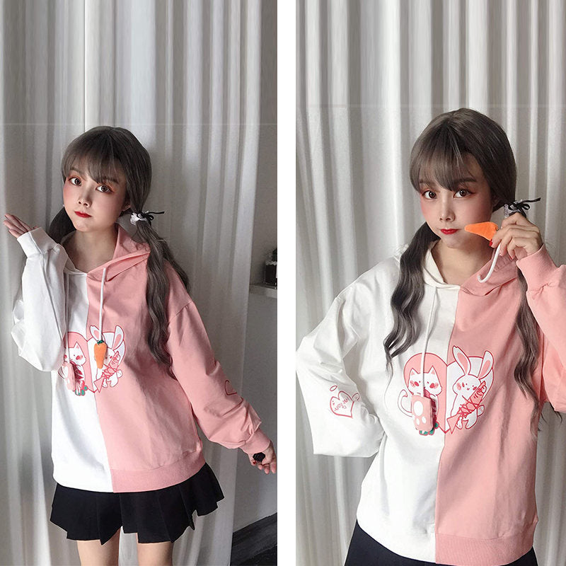 Beakey Womens Cute Hoodie Cat Rabbit Patchwork Pullover-PinkWhite