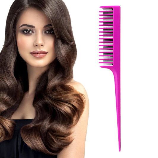 Beakey Triple Teasing Comb with Rat Tail Handle Adds Volume To Fine Hair-Rose Red
