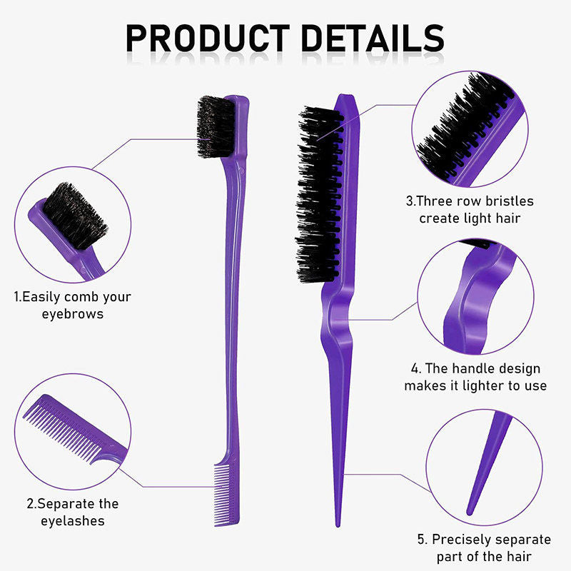 Beakey 12 Pieces Hair Brush Set Nylon Teasing Hair Brushes Rat Tail Combs with Duckbill Clips for Women-Purple Black