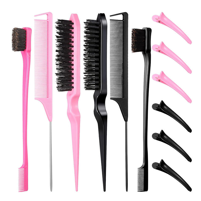 Beakey 12 Pieces Hair Brush Set Nylon Teasing Hair Brushes Rat Tail Combs with Duckbill Clips for Women-Pink Black