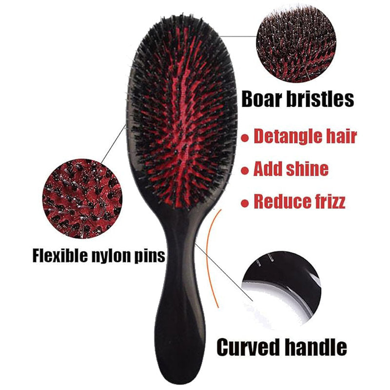 Beakey Boar Bristle Hair Brush Anti-frizz for Curly Fine Tangled Hair-AllBlack