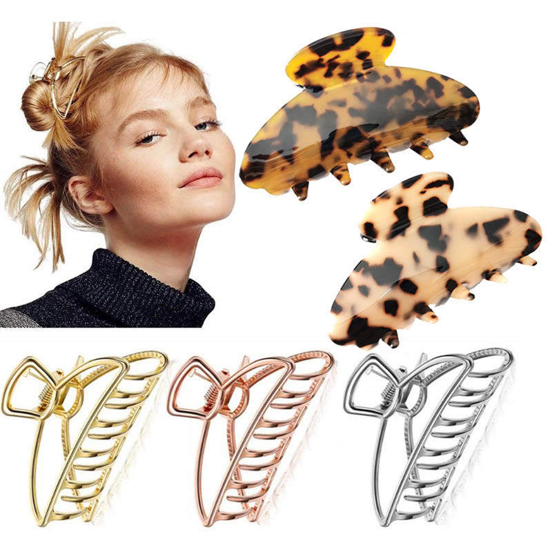 Beakey 5 PCS Large Metal Hair Claw Clips Plastic Leopard Hairpins for Women Thick Hair-D