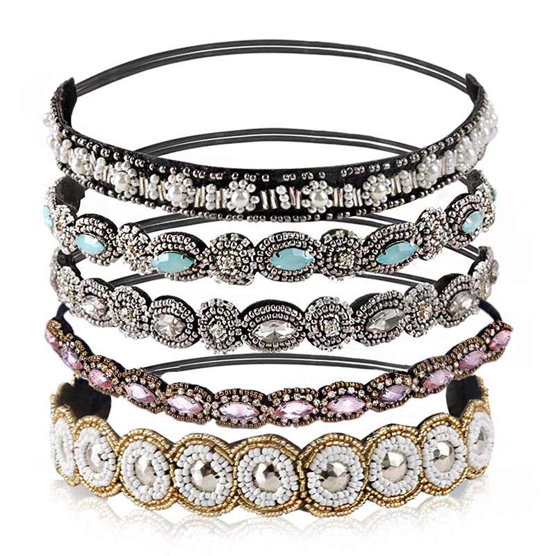 Beakey 5 Pieces Rhinestone Beaded Elastic Headband Women Hair Jewelry Accessories