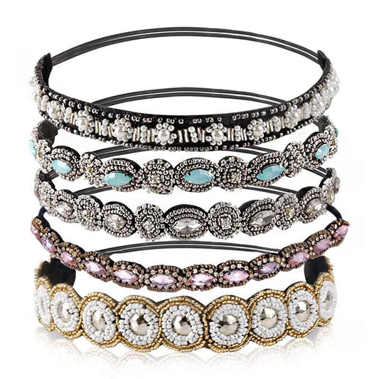 Beakey 5 Pieces Rhinestone Beaded Elastic Headband Women Hair Jewelry Accessories