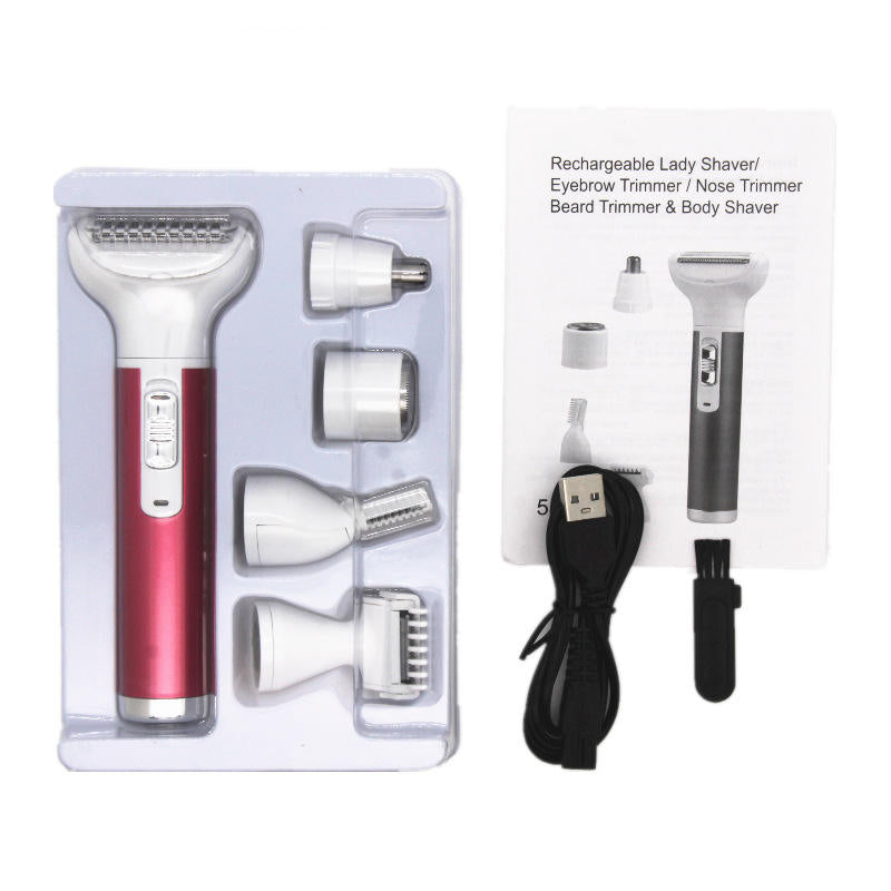 Beakey 5-in-1 Ladies Shaver USB Rechargeable Multifunctional Trimming Set-Red