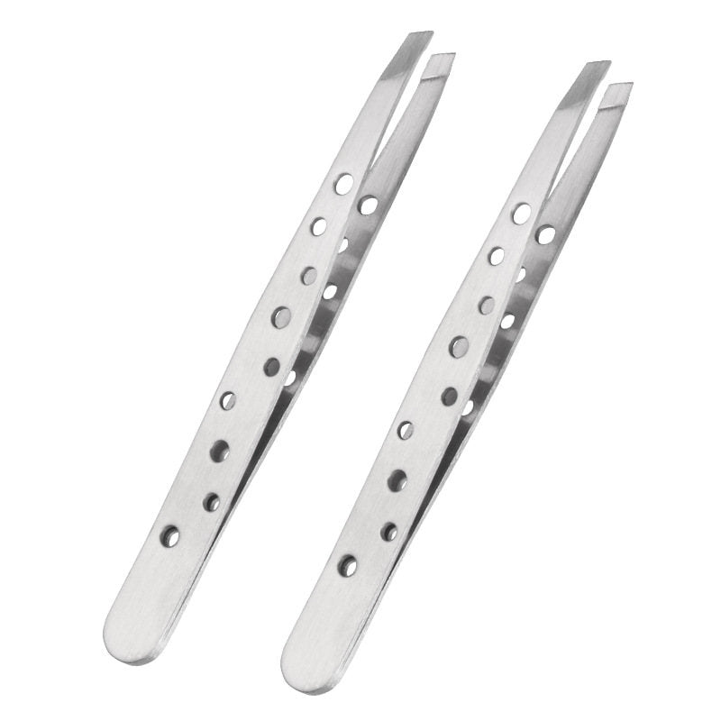 Beakey 2Pcs Stainless Steel Oblique Mouth Tweezers Eyebrow Trimming Tool-Silver