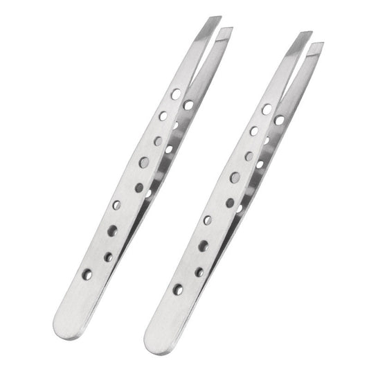 Beakey 2Pcs Stainless Steel Oblique Mouth Tweezers Eyebrow Trimming Tool-Silver