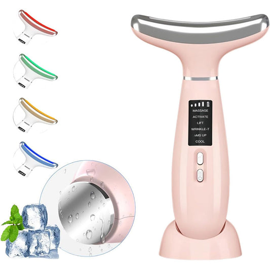 Beakey Facial Neck Massager Hot & Cold with 4 Color LED Therapy for Skin Care-Pink