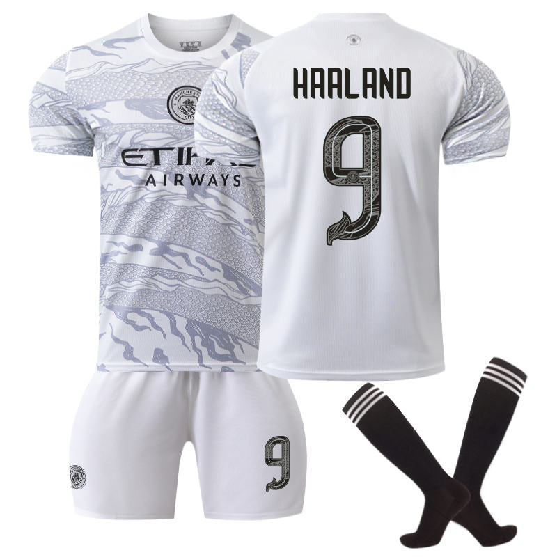 Beakey Manchester City Dragon HAALAND #9 Soccer Jersey for Kids Adult 3 Pcs Outfits-White