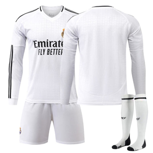 Beakey Real Madrid Home Soccer Jersey Kids Adult 3Pcs Long Sleeve Training Outfits