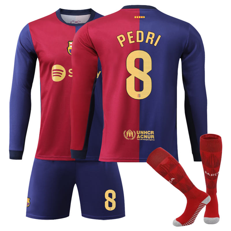 Beakey Barcelona Home PEDRI #8 Soccer Jersey Kids Adult 3Pcs Long Sleeve Outfits