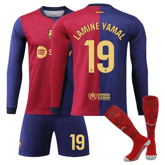 Beakey Barcelona Home LAMINE YAMAL #19 Soccer Jersey Kids Adult 3Pcs Long Sleeve Outfits