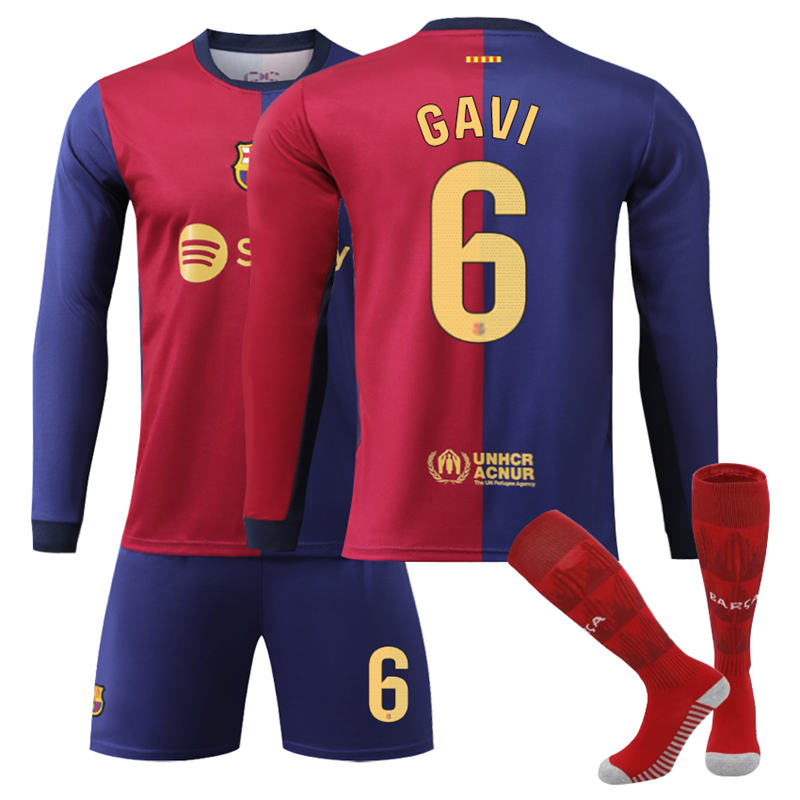 Beakey Barcelona Home GAVI #6 Soccer Jersey Kids Adult 3Pcs Long Sleeve Outfits