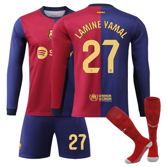 Beakey Barcelona Home LAMINE YAMAL #27 Soccer Jersey Kids Adult 3Pcs Long Sleeve Outfits