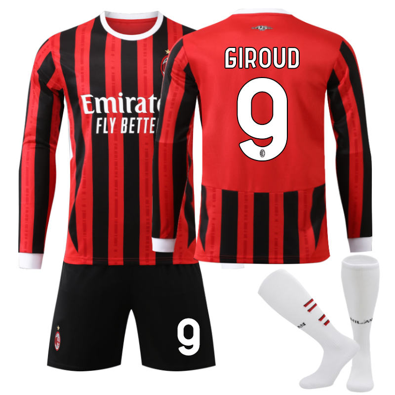 Beakey AC Milan Home GIROUD #9 Soccer Jersey Kids Adult 3Pcs Long Sleeve Outfits
