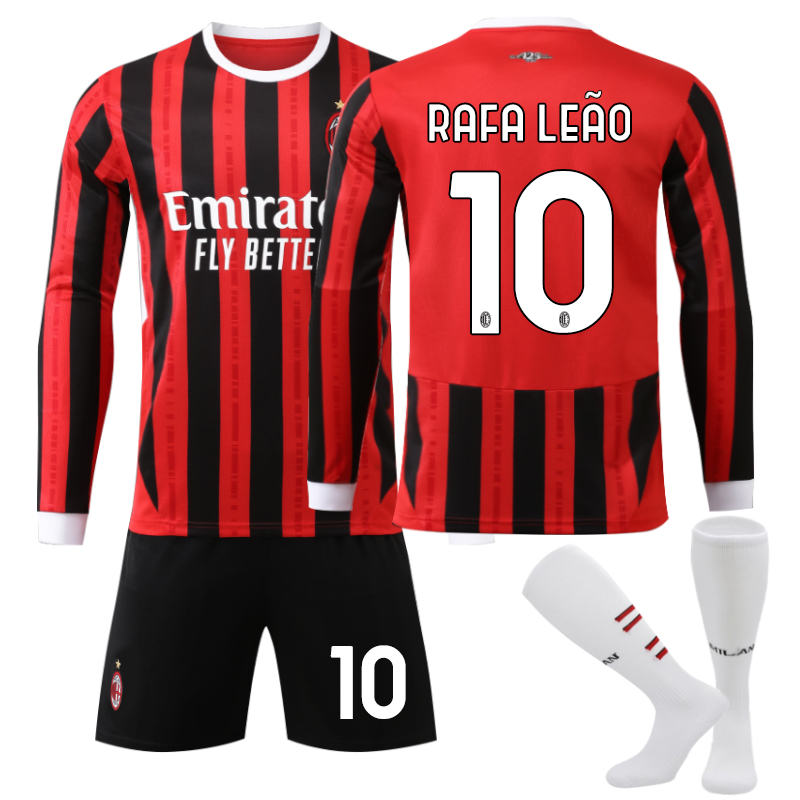 Beakey AC Milan Home RAFA LEAO #10 Soccer Jersey Kids Adult 3Pcs Long Sleeve Outfits