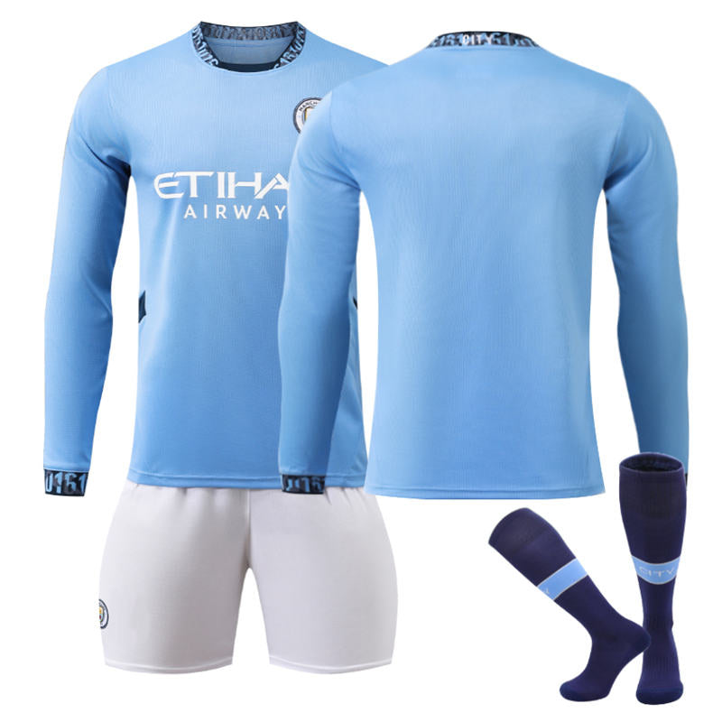 Beakey Manchester City Home Soccer Jersey Kids Adult 3Pcs Long Sleeve Outfits
