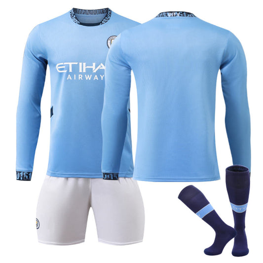 Beakey Manchester City Home Soccer Jersey Kids Adult 3Pcs Long Sleeve Outfits