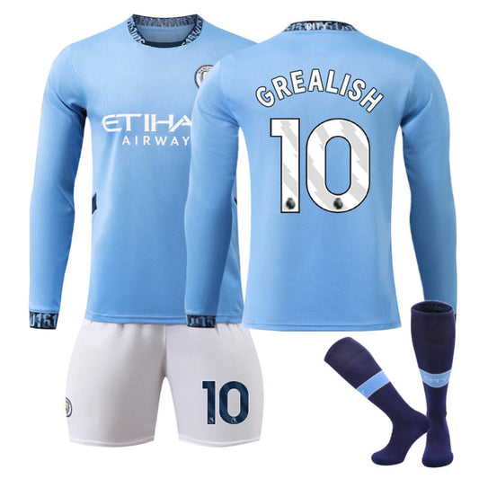 Beakey Manchester City Home GREALISH #10 Soccer Jersey Kids Adult 3Pcs Long Sleeve Outfits