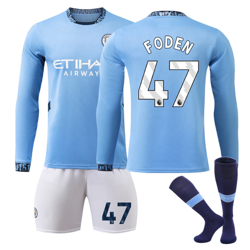 Beakey Manchester City Home FODEN #47 Soccer Jersey Kids Adult 3Pcs Long Sleeve Outfits