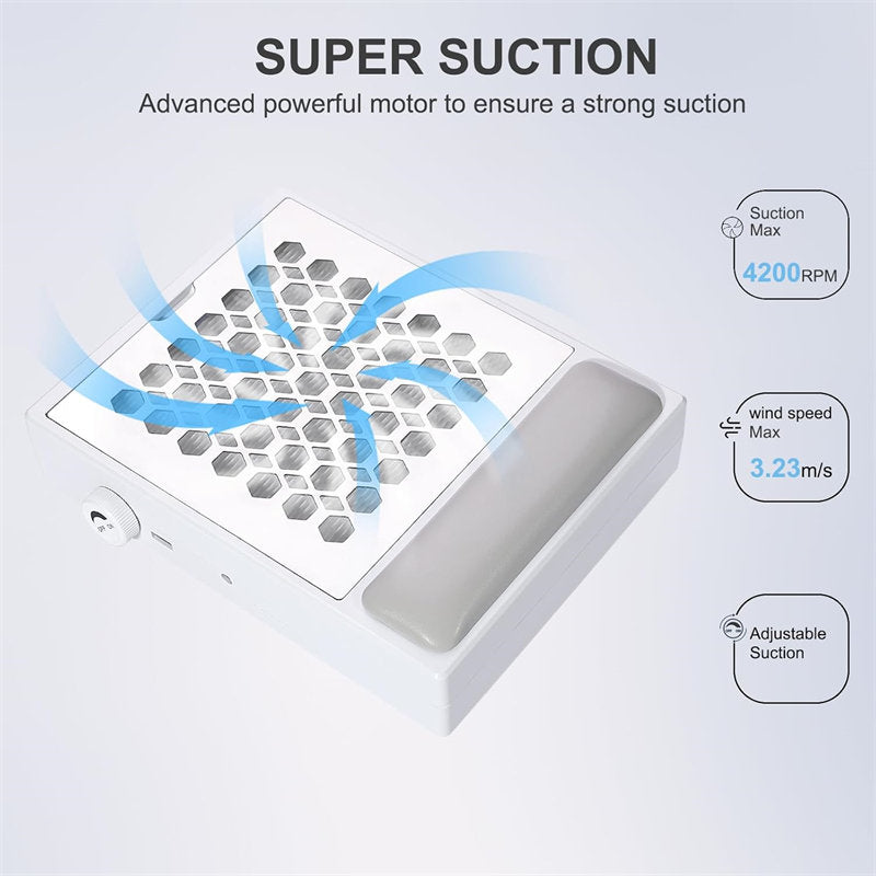 Beakey Nail Dust Collector with Dusting Brush 56W Electric Nail Vacuum Dust Fan Hand Pillow for Nails Salon WL502-White