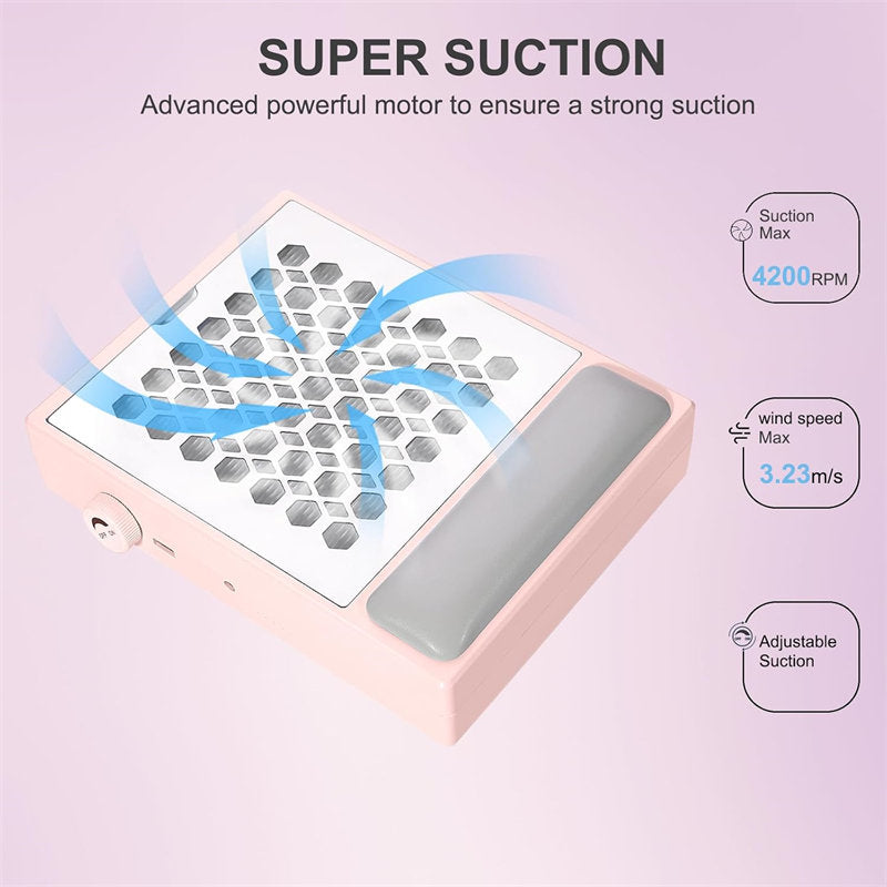 Beakey Nail Dust Collector with Dusting Brush 56W Electric Nail Vacuum Dust Fan Hand Pillow for Nails Salon WL502-Pink