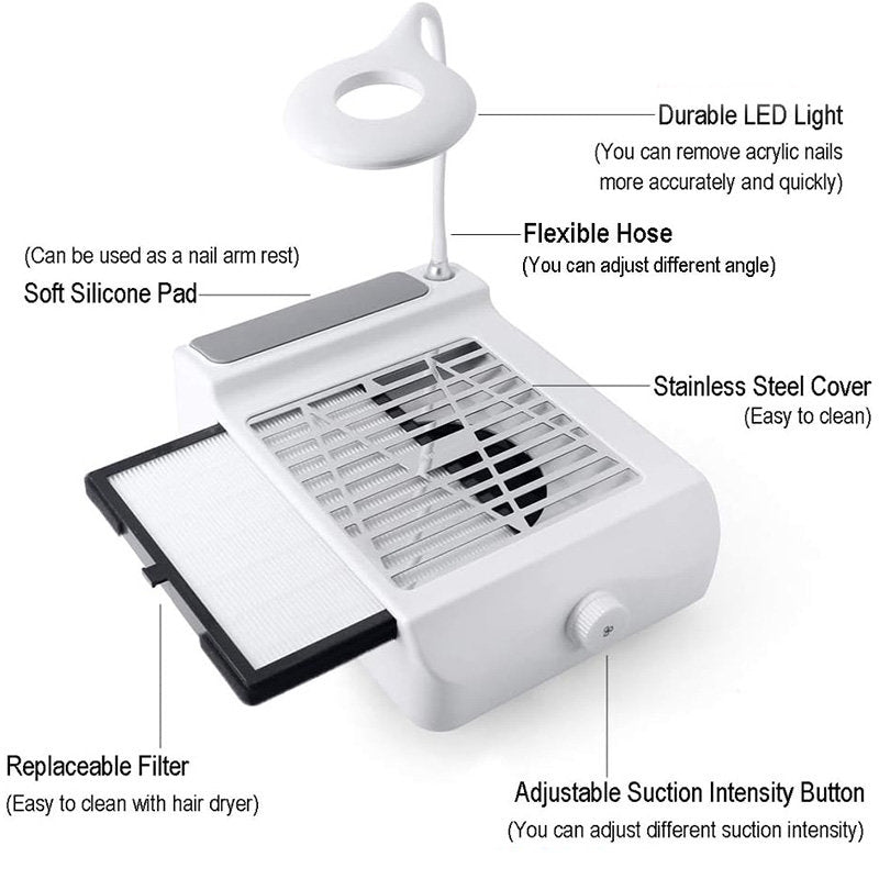 Beakey Nail Dust Collector with Light Hand Pillow Powerful Extractor Suction Fan for Home or Salon Manicure Tool