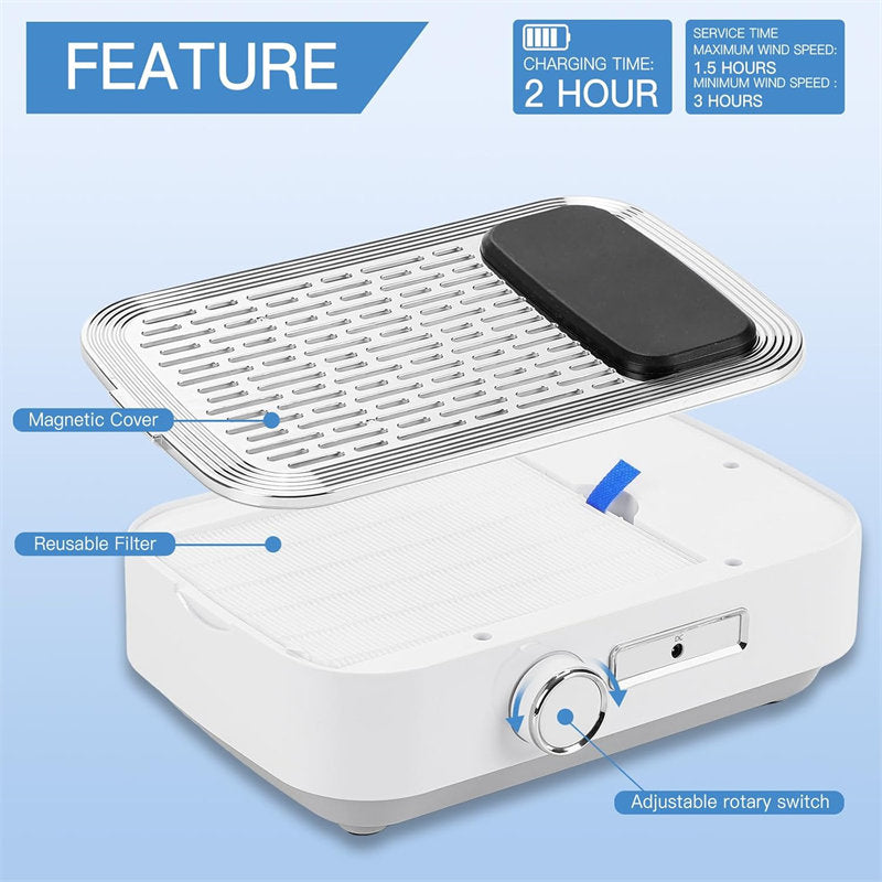 Beakey Nail Dust Collector Rechargeable 80W Vacuum Fan Dust Collector for Acrylic Gel Nail Polishing-White