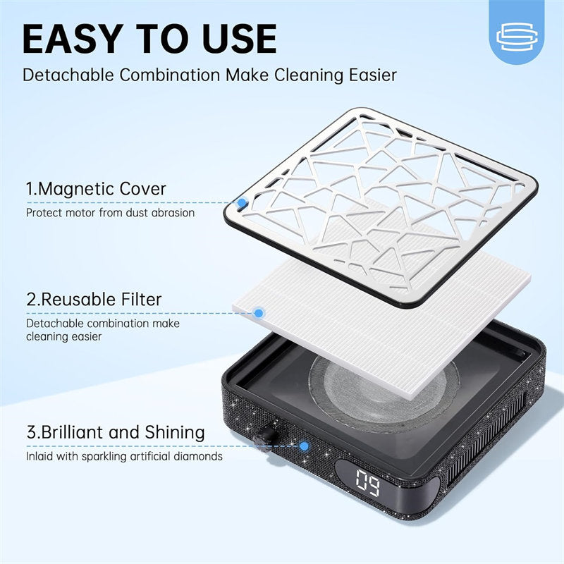 Beakey Nail Dust Collector Diamond Vacuum Fan Vent Dust Collector for Acrylic Nails Polishing Nail Salon-Black