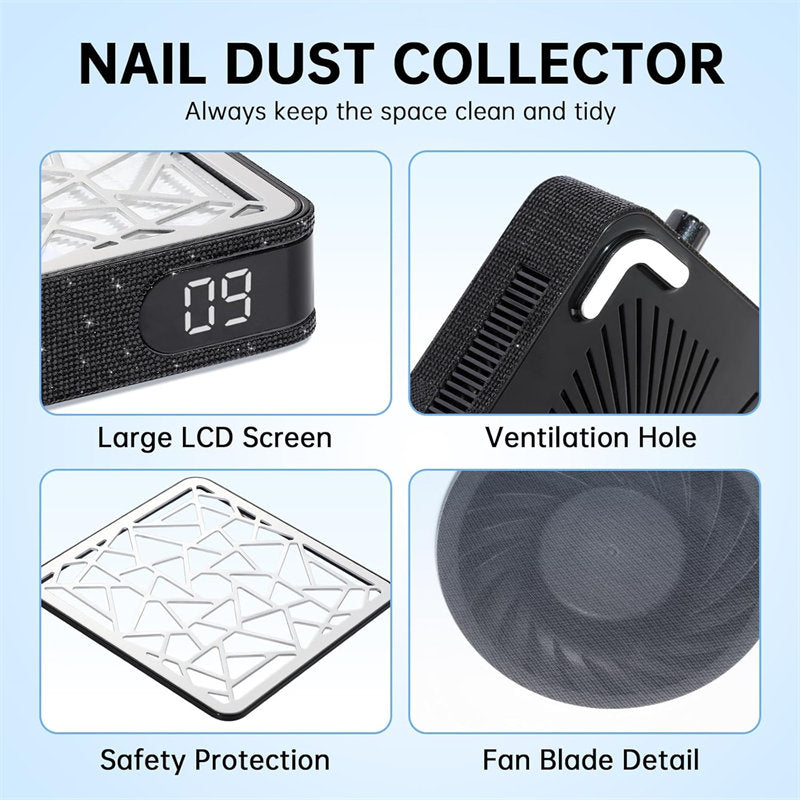 Beakey Nail Dust Collector Diamond Vacuum Fan Vent Dust Collector for Acrylic Nails Polishing Nail Salon-Black