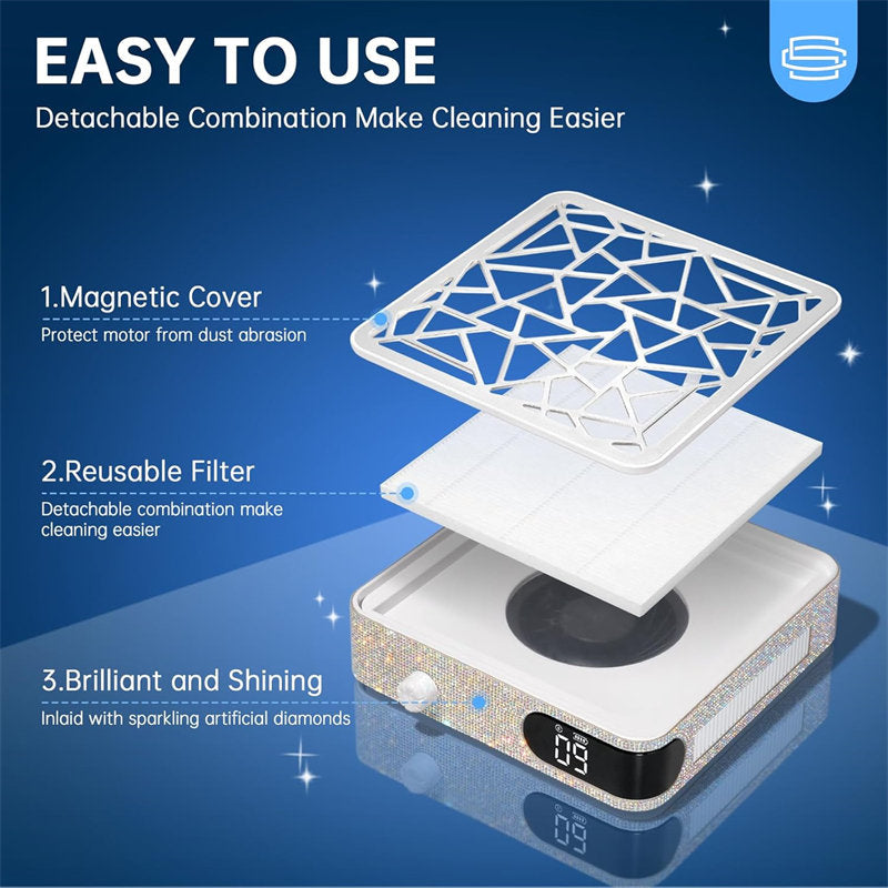 Beakey Nail Dust Collector Diamond Vacuum Fan Vent Dust Collector for Acrylic Nails Polishing Nail Salon-Silver