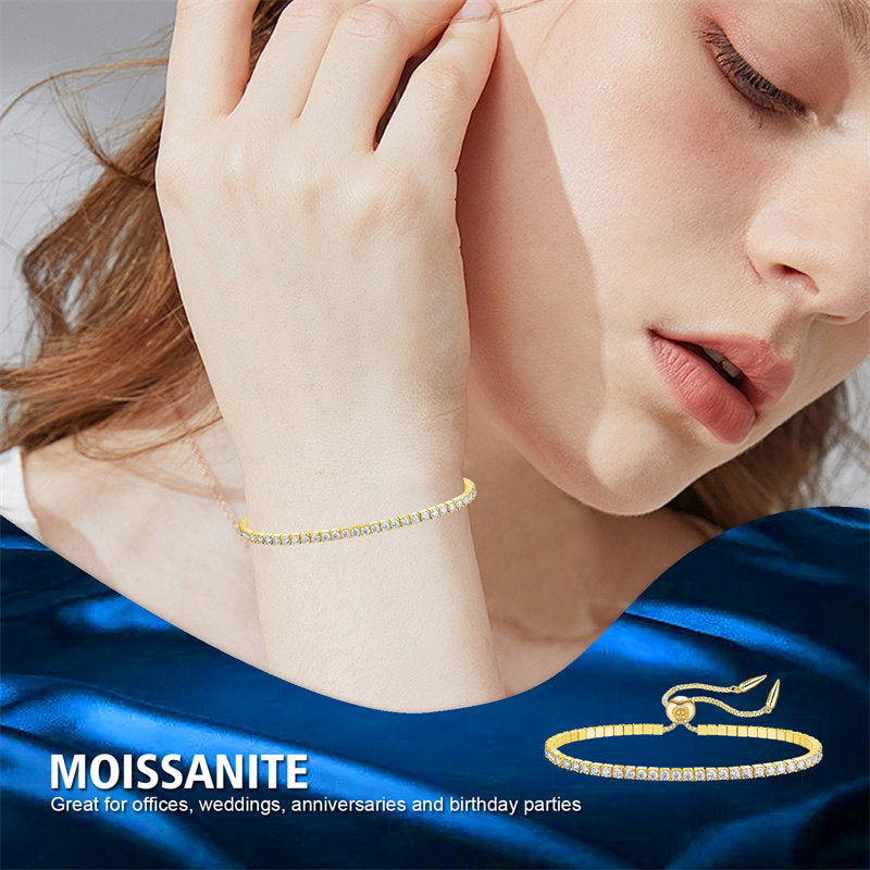 Beakey Moissanite Tennis Bracelet 1.8ct Diamond Bracelets for Women D Color Round Brilliant Cut Lab Created 14K Gold Plated Adjustable Bracelets