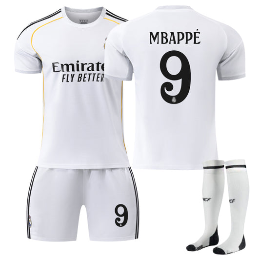 Beakey Real Madrid Home MBAPPE #9 Soccer Jersey Kids Adult 3Pcs Kits