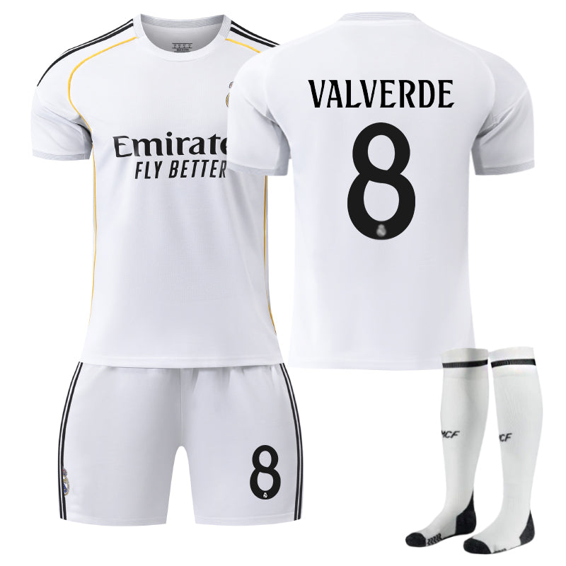 Beakey Real Madrid Home VALVERDE#8 Soccer Jersey Kids Adult 3Pcs Kits