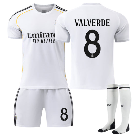 Beakey Real Madrid Home VALVERDE#8 Soccer Jersey Kids Adult 3Pcs Kits