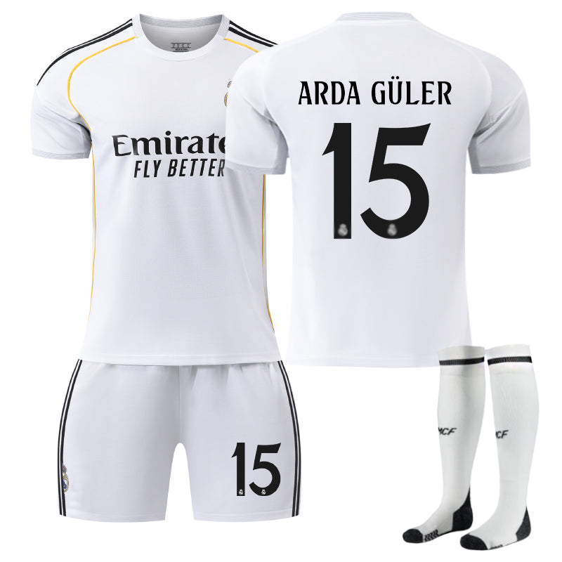 Beakey Real Madrid Home ARDA GULER #15 Soccer Jersey Kids Adult 3Pcs Kits