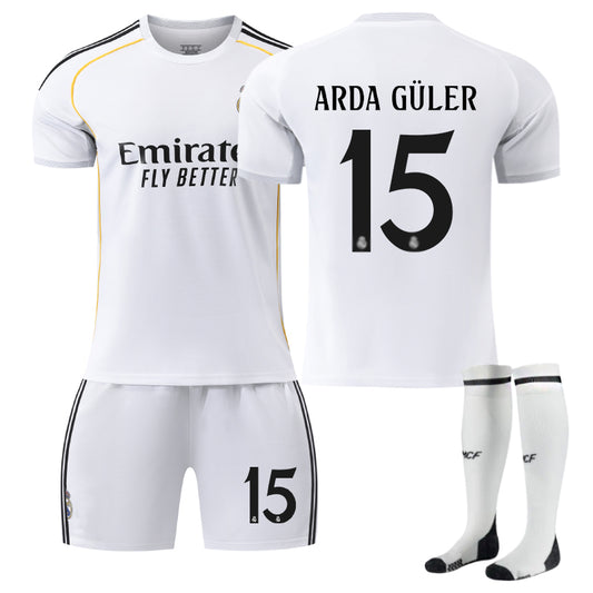 Beakey Real Madrid Home ARDA GULER #15 Soccer Jersey Kids Adult 3Pcs Kits