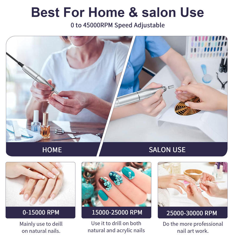 Beakey Portable Nail Drill 45000 RPM Electric Nail File with 6 Drill Bits-White