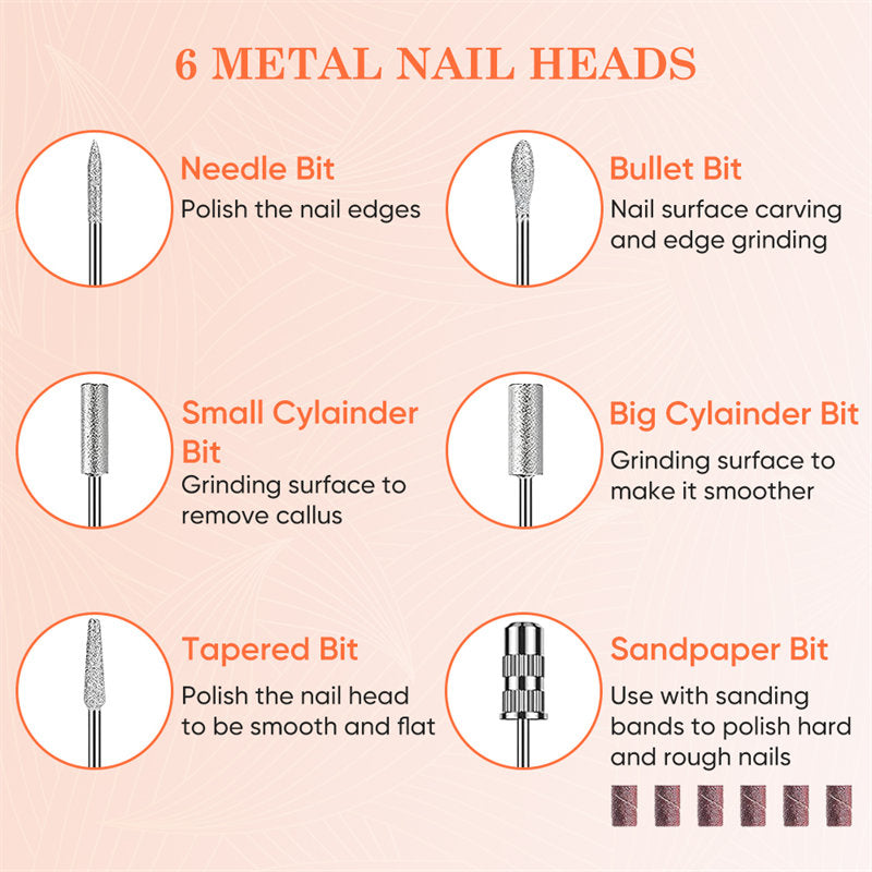Beakey Electric Nail Drill with 6 in 1 Drill Bits Kit for Gel Nail Manicure Pedicure-White