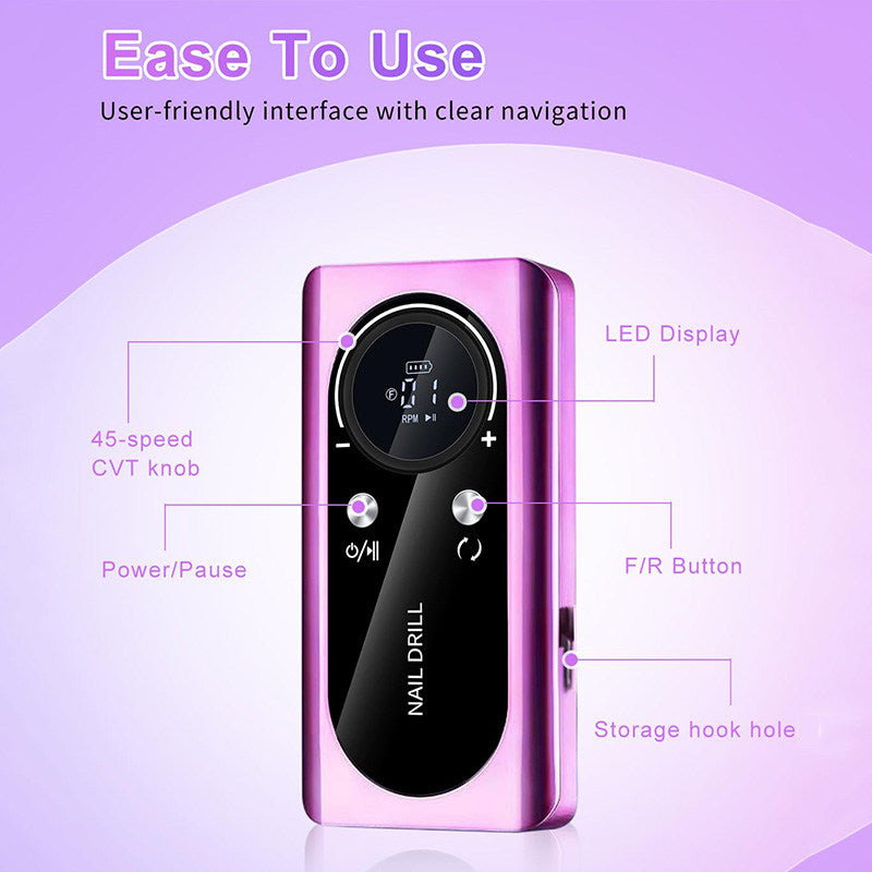 Beakey 45000 RPM Cordless Nail Drill Kit Rechargeable for Acrylic Gel Nails-Purple